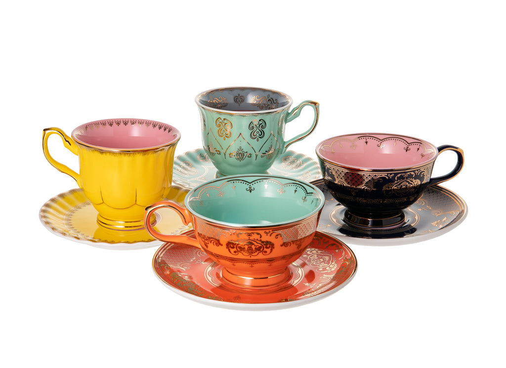 Inspired by antique teacups, this ornate and colorful set is reminiscent of something your grandpa may have used.  Elegant and eye-catching, you will want to organize a tea-party, just for the excuse to use them. Material: Porcelain with gold accents Capacity: 7.4 oz each cup Set of four cups & saucers.