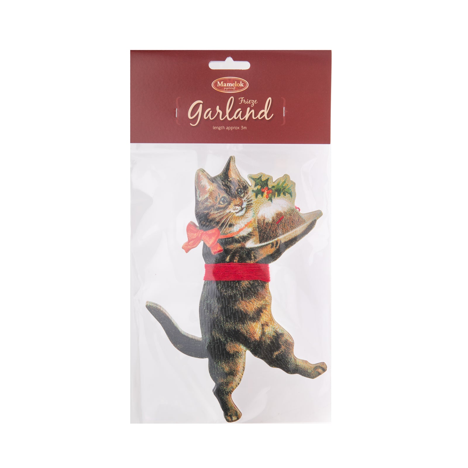 These kitties didn't get the cream, but they do seem to be running away with the Christmas pudding! This delightful holiday garland features delightfully festive Victorian era image of cute cats and will add a charmingly vintage touch to your holiday decor.   Festive paper garland Length approx: 9.8 ft.