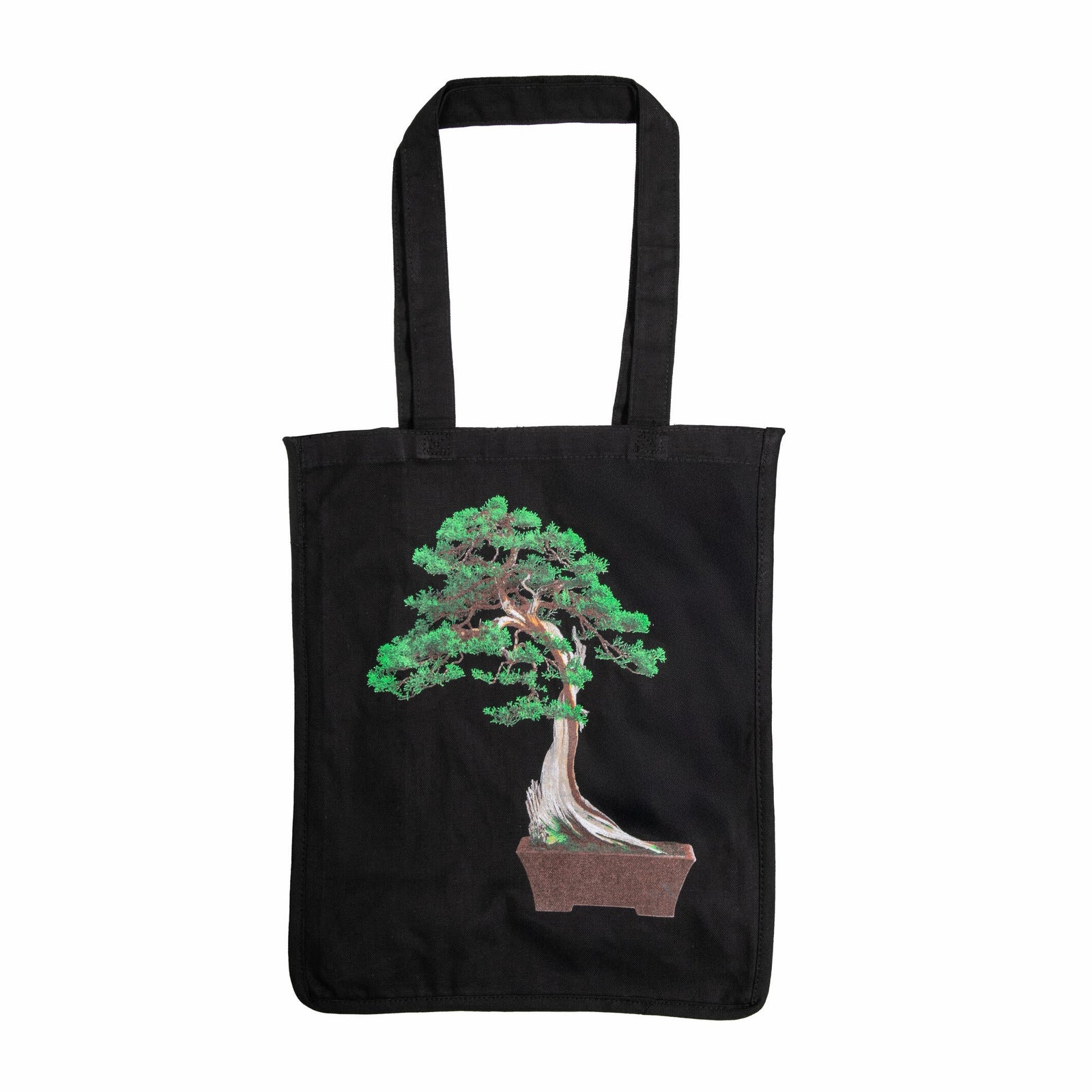 Black tote bag with a bonsai tree design on a white background