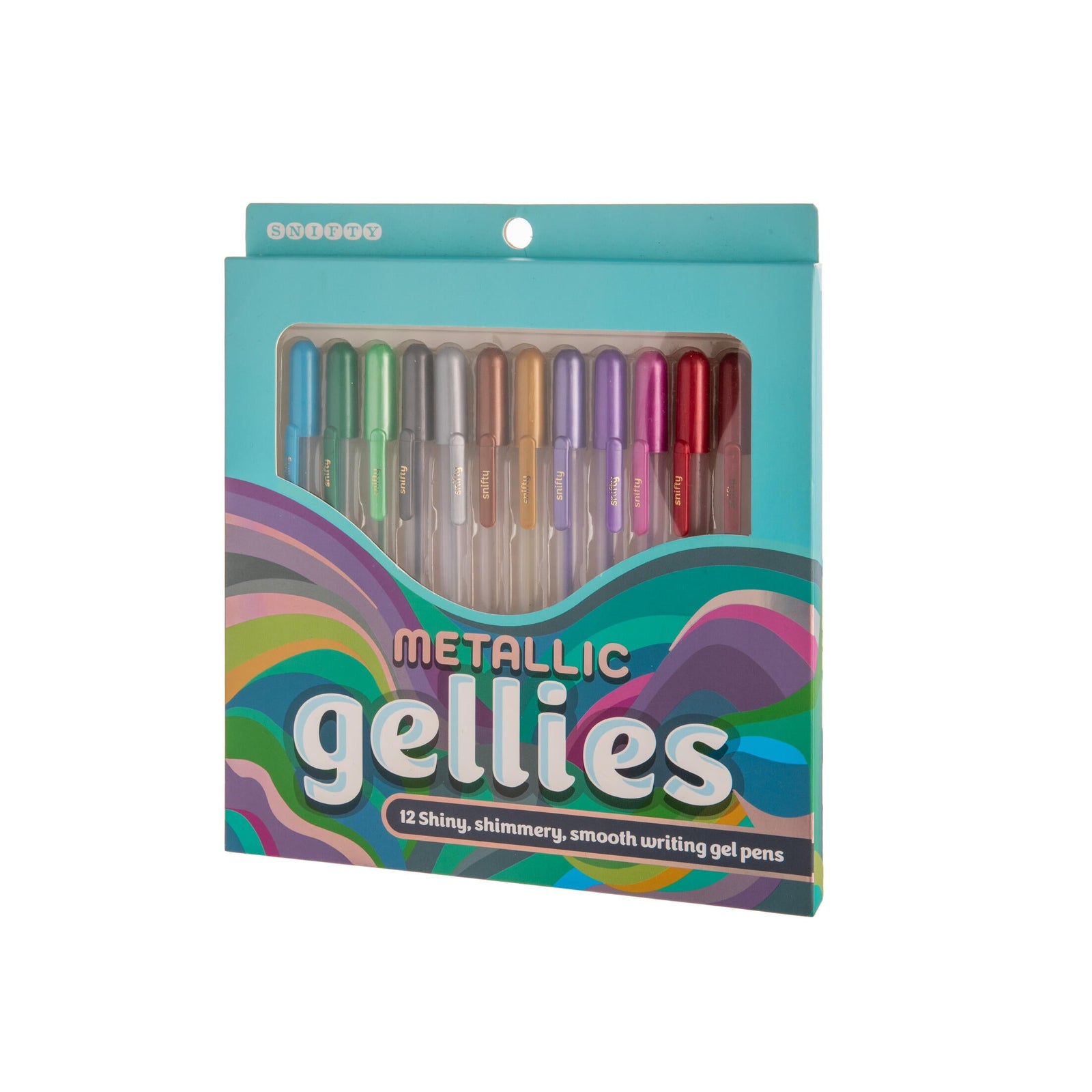 Pack of metallic gellies gel pens with colorful packaging on a white background