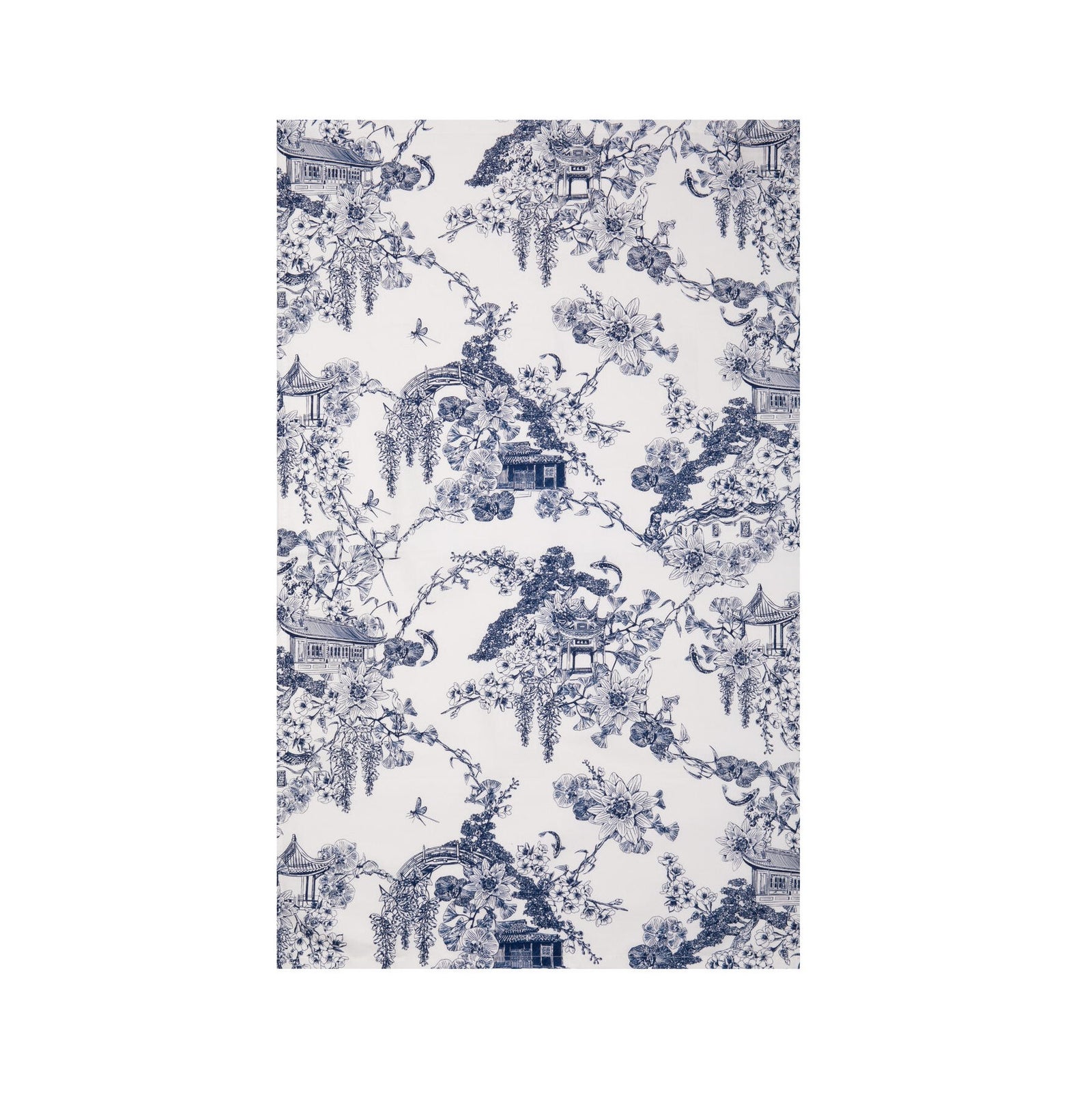 This delightful cotton tea towel features our exclusive Asian Gardens toile print. Originally a French design style, 'Toile de Jouy' prints featured intricate, repeating patterns of scenes or vignettes depicting pastoral or historical themes. Look closely at our toile, and you will notice recognizable Huntington details
