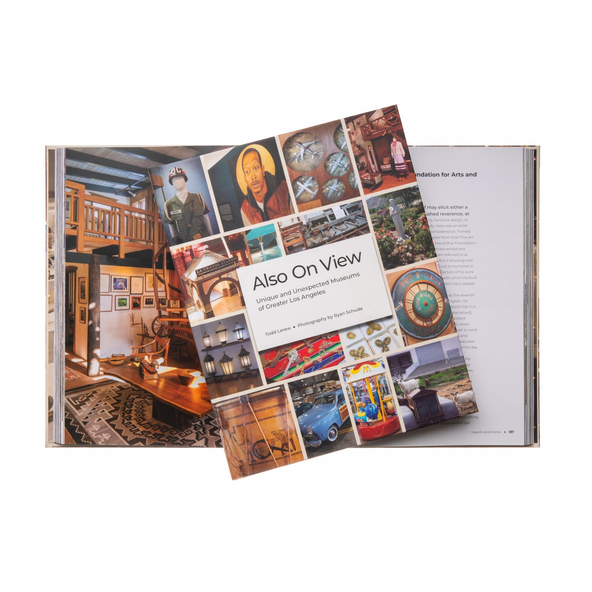 Open book showing a collage of images with 'Also On View' text on a white background