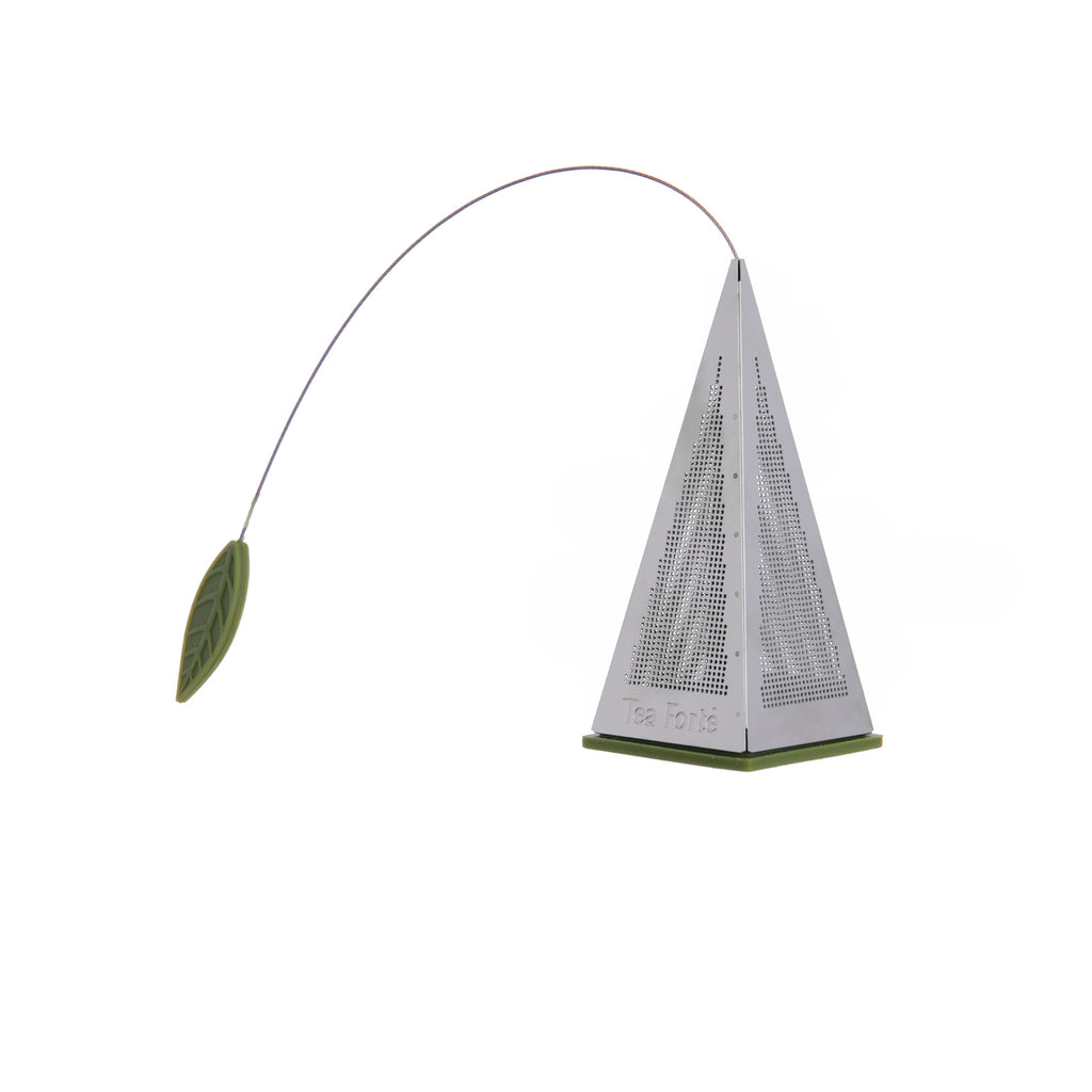 Steep your favorite teas in style with this pyramid-shaped loose tea infuser. Simply open the base and add loose tea, pull the heat-resistant silicone leaf to close, pressing the base into the infuser; place the infuser in your cup, pour hot water, steep and enjoy Size: 7.9 x 3 x 1.5 inches.