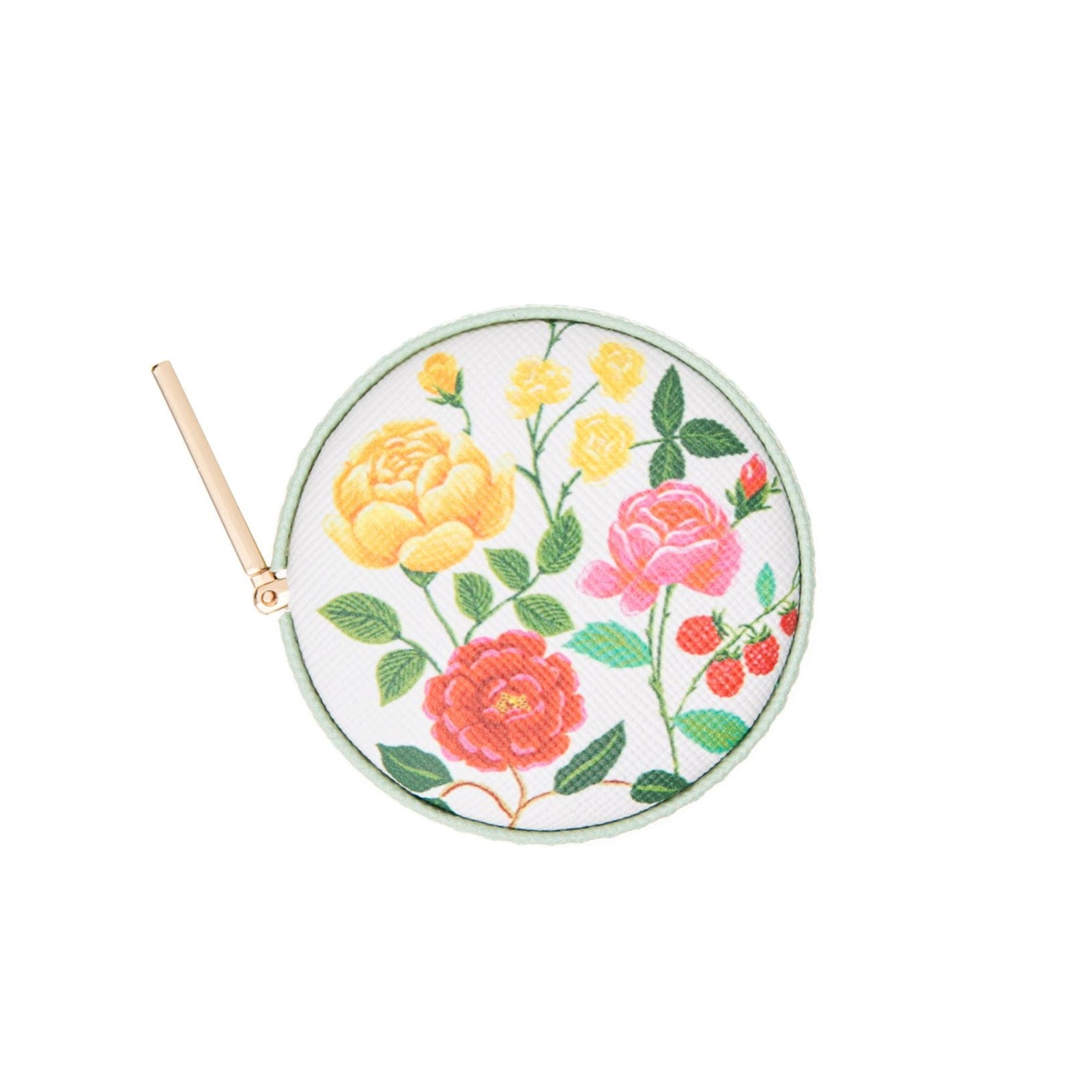 Measure up in the prettiest possible way with this delightfully decorative, yet functional tape measure. It features a vintage-style rose print on textured vegan leather. The tape has a gold pull at the end, retracting with a gentle squeeze of the case. 60" / 150 cm tape measure Case diameter: 2"