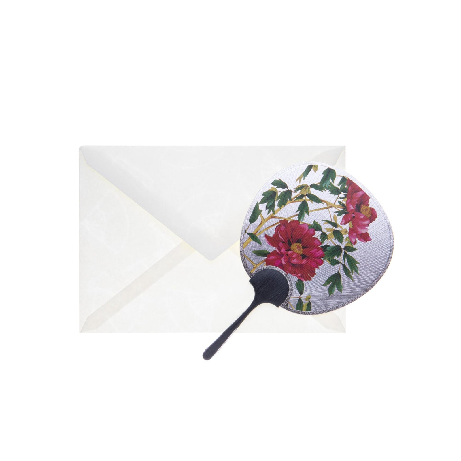 This charming greeting card is both pretty and practical. This authentic miniature Uchiwa Japanese fan is beautifully decorated with vibrant pinky-red flowers on a gleaming silver base. The reverse is blank for you to write your own message. The real wooden handle adds a lovely and luxe finishing touch. The fan is small enough to pop into your purse, but large enough to create a pleasant breeze.