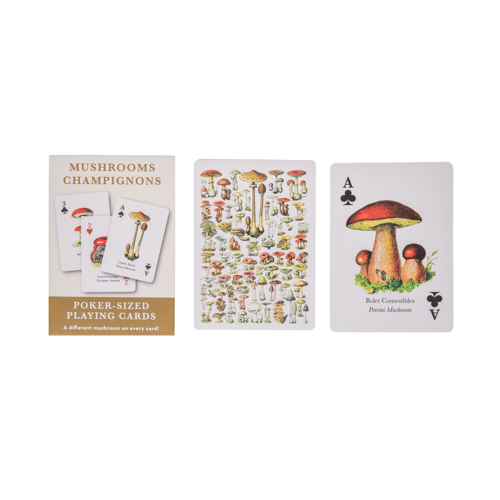 Put more fun(gi) into your next card game with these mushroom-themed playing cards. This standard deck of playing cards features beautiful, vintage French illustrations of different mushrooms on each card. Pack of standard playing cards Full-color, vintage mushroom illustrations on both sides