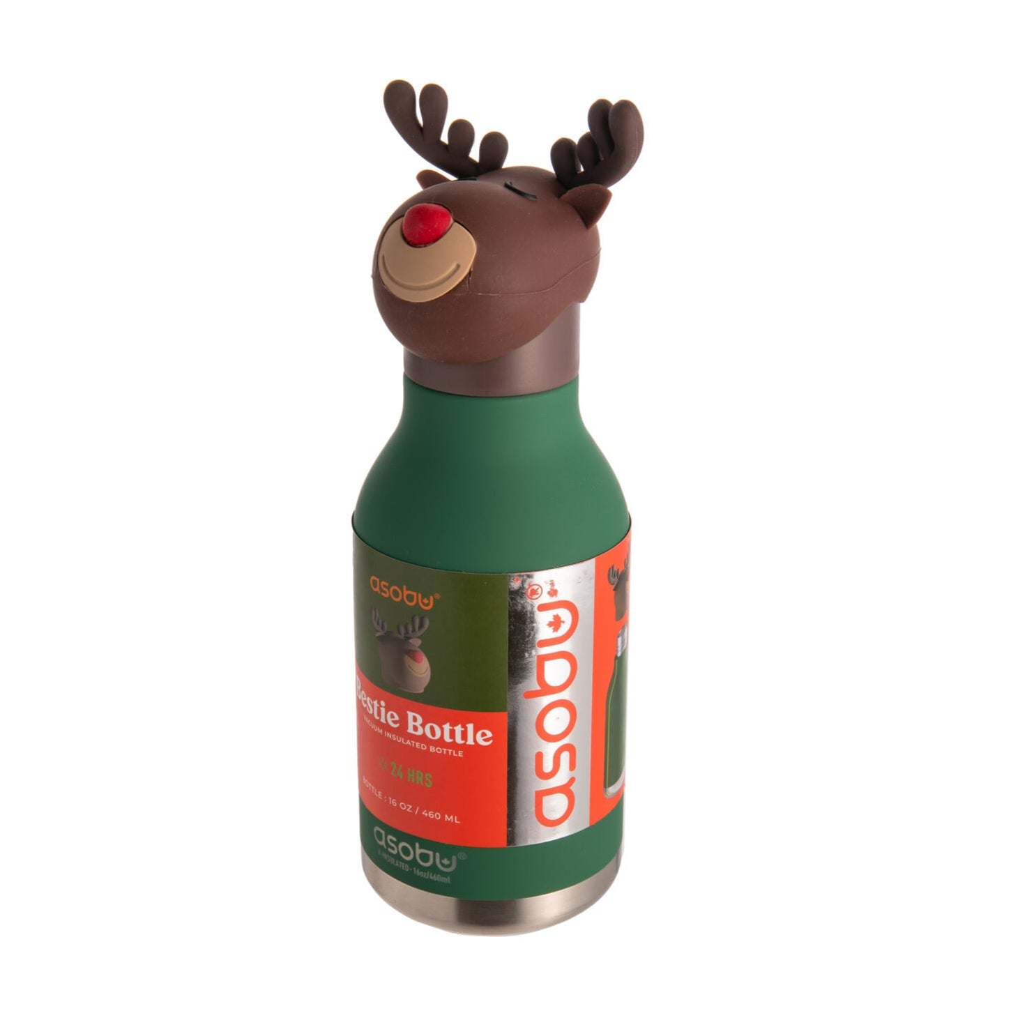 Green water bottle with reindeer design on a white background