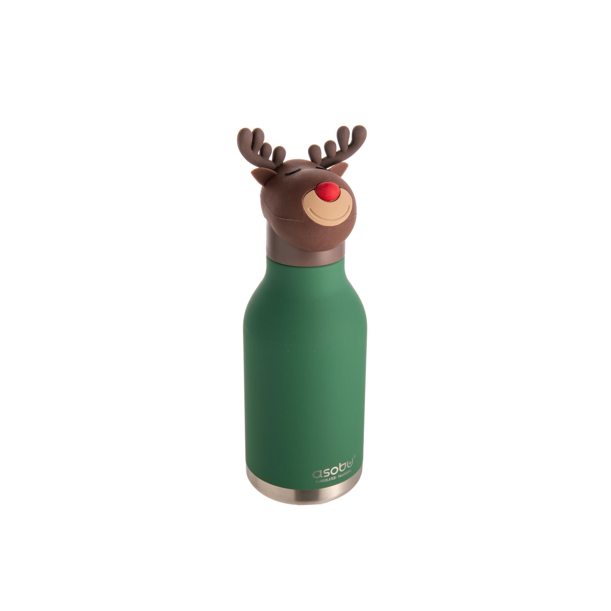 Green water bottle with reindeer design on a white background