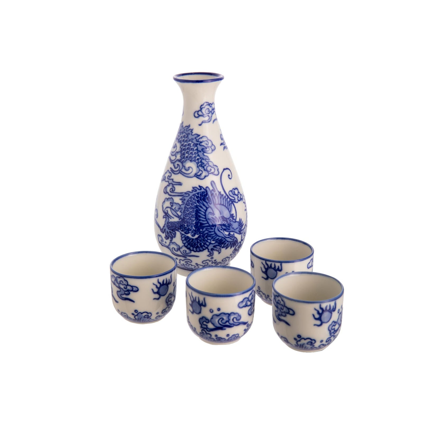 Ceramic sake set with blue floral patterns on a white background