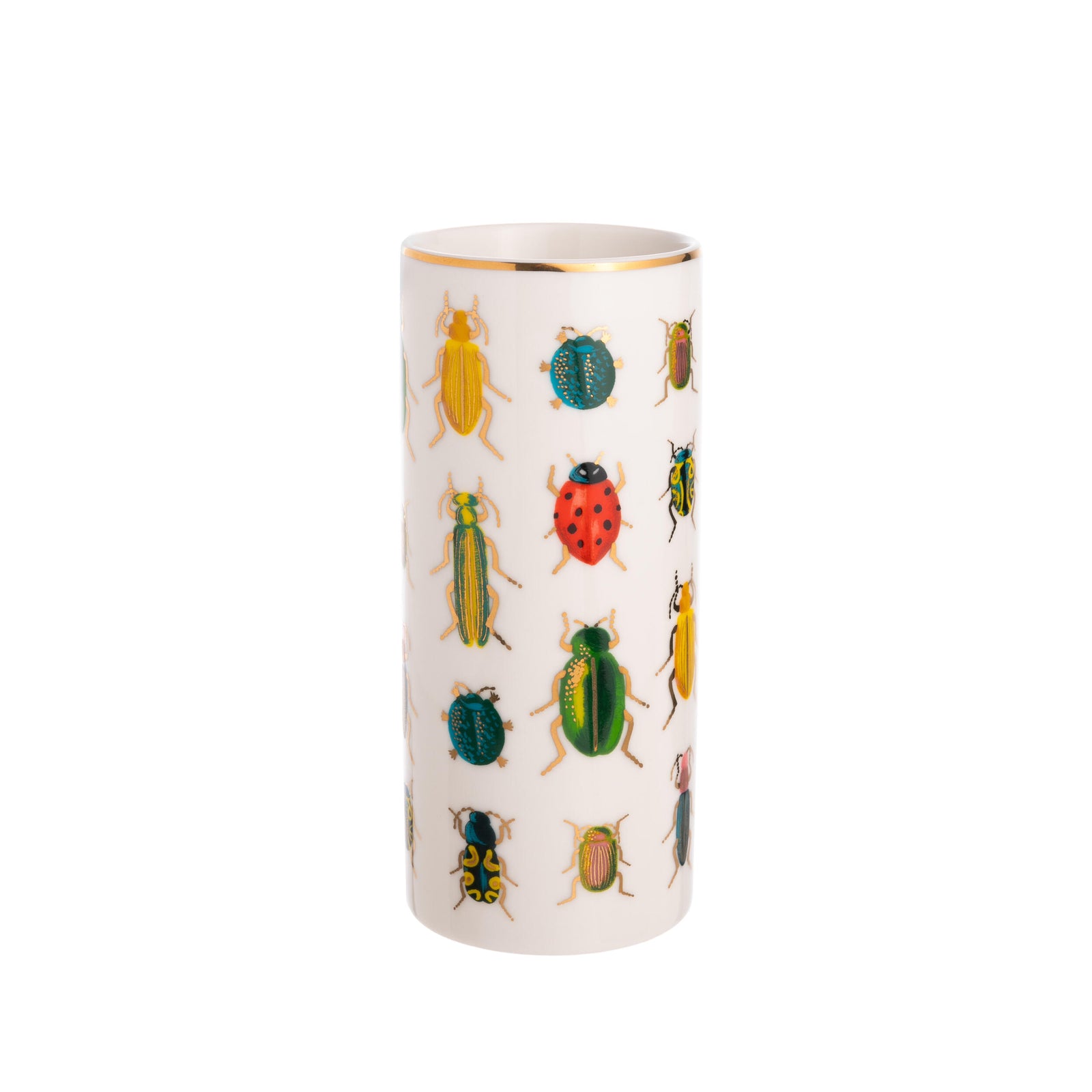 Vibrant beetles and insects, elegant gold accents, gilded rim. Adds a delightful touch to floral arrangements. Perfect for showcasing your flowers.
