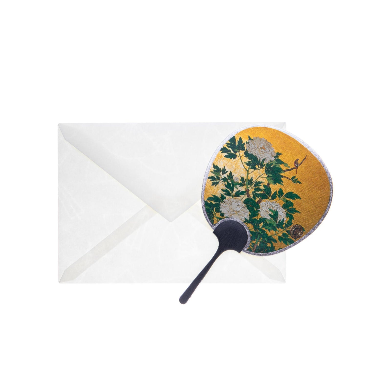 This charming greeting card is both pretty and practical. This authentic miniature Uchiwa Japanese fan is beautifully decorated with a branch of blooming white flowers on a gleaming gold base. The reverse is blank for you to write your own message. The real wooden handle adds a lovely and luxe finishing touch. The fan is small enough to pop into your purse, but large enough to create a pleasant breeze