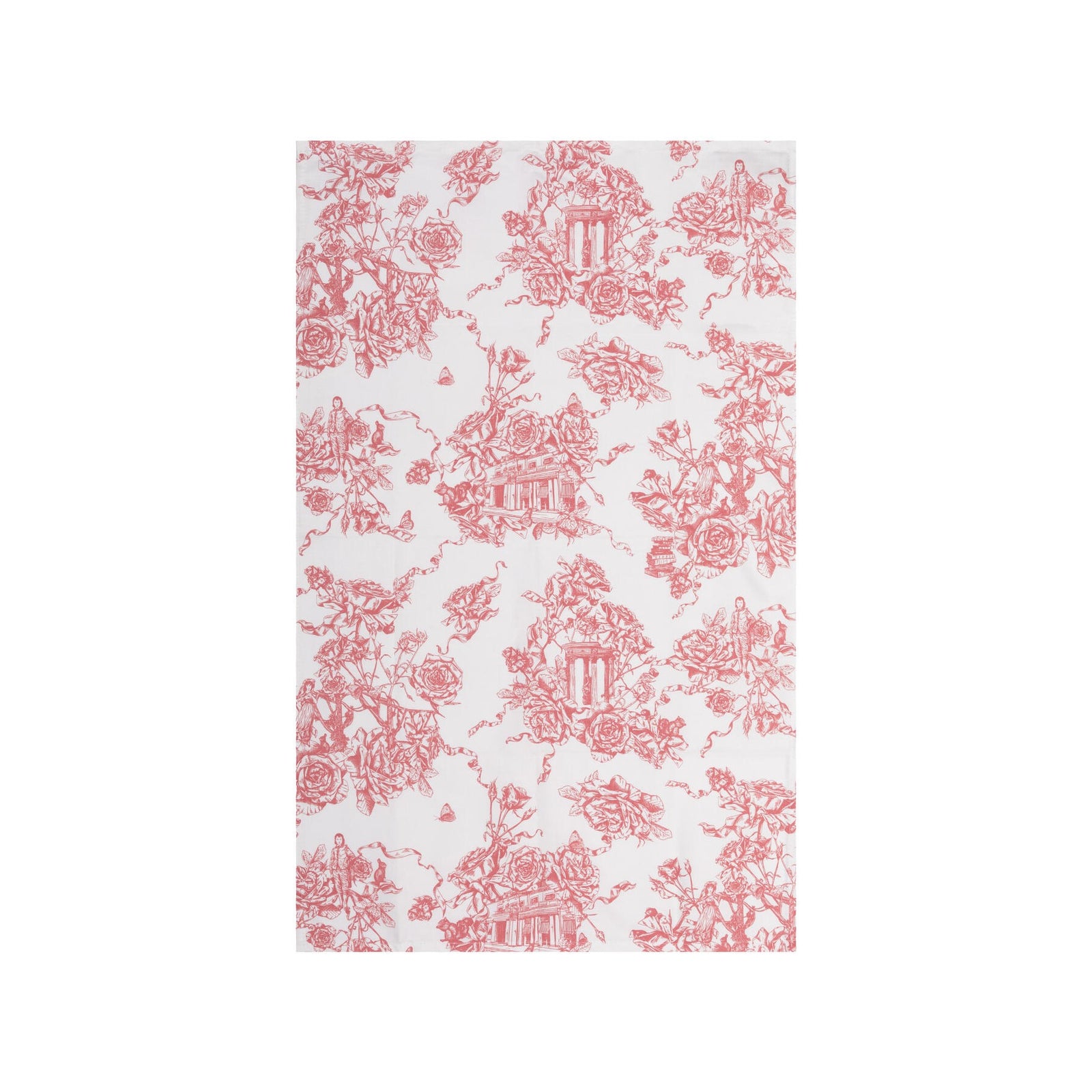 This delightful cotton tea towel features our exclusive Rose Garden toile print. Originally, the French design style of 'Toile de Jouy' prints featured intricate, repeating patterns of scenes or vignettes depicting pastoral or historical themes. Look closely at our toile, and you will notice recognizable Huntington details such as our Tempietto and Faux Bois Rose Arch