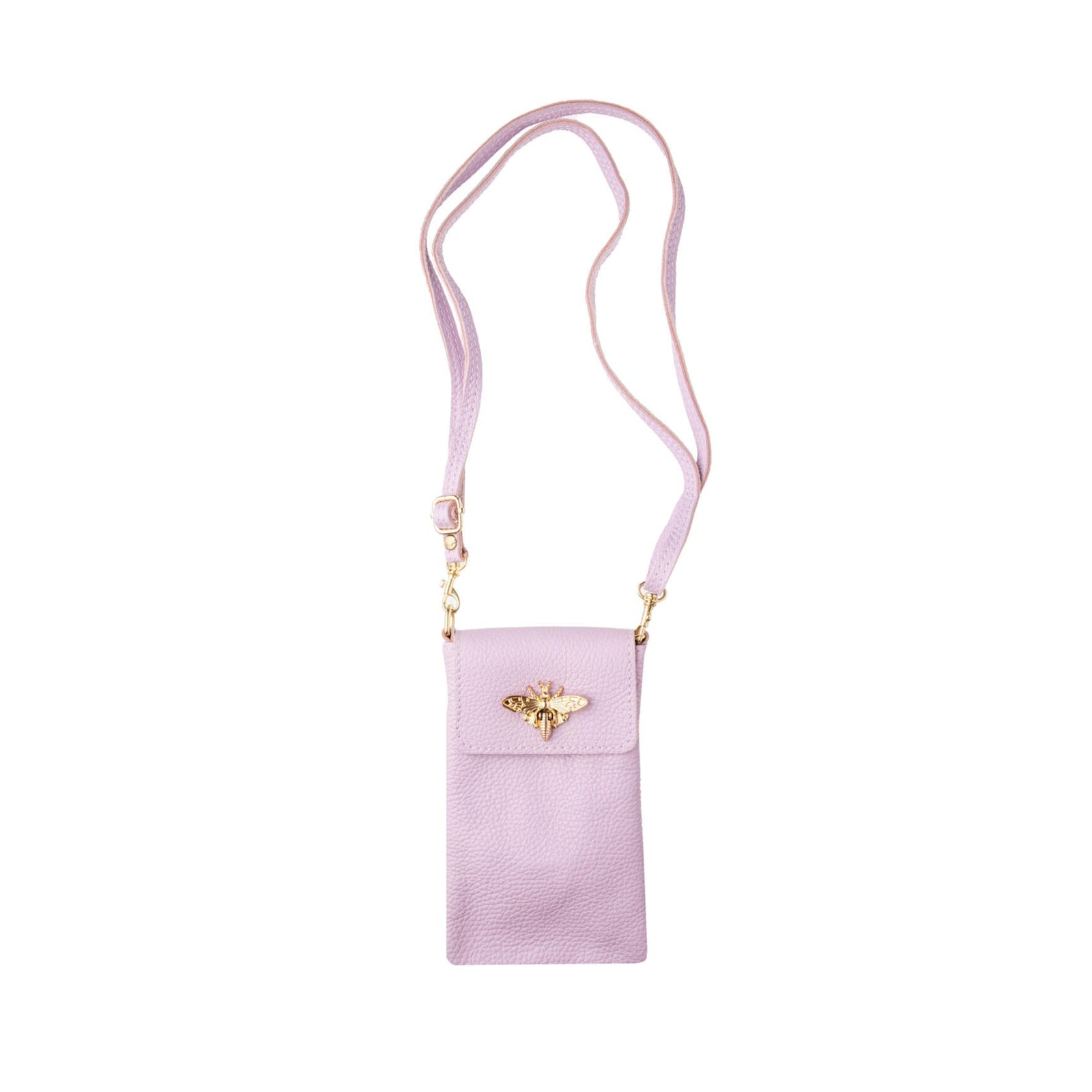 Carry your cellphone and other essential items stylishly in this golden bee clasp crossbody purse. The purse includes a detachable strap and can be worn as a crossbody, or simply as a handy pouch to keep your phone and cards organized inside a larger purse. Made in Italy from soft, durable, pebble-grain leather. 