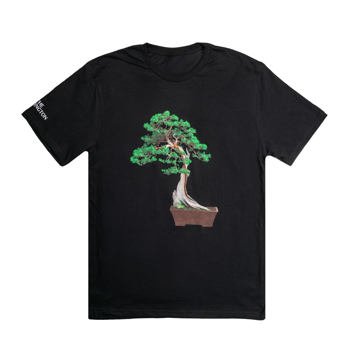 Black t-shirt with a bonsai tree design on a white background