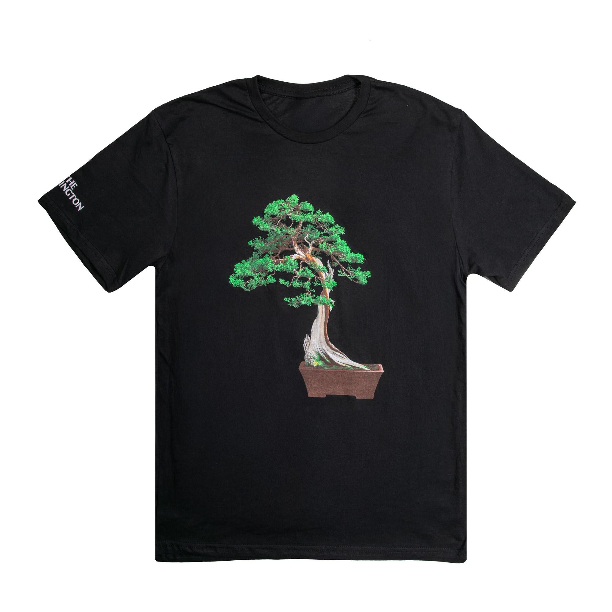 Black t-shirt with a bonsai tree design on a white background