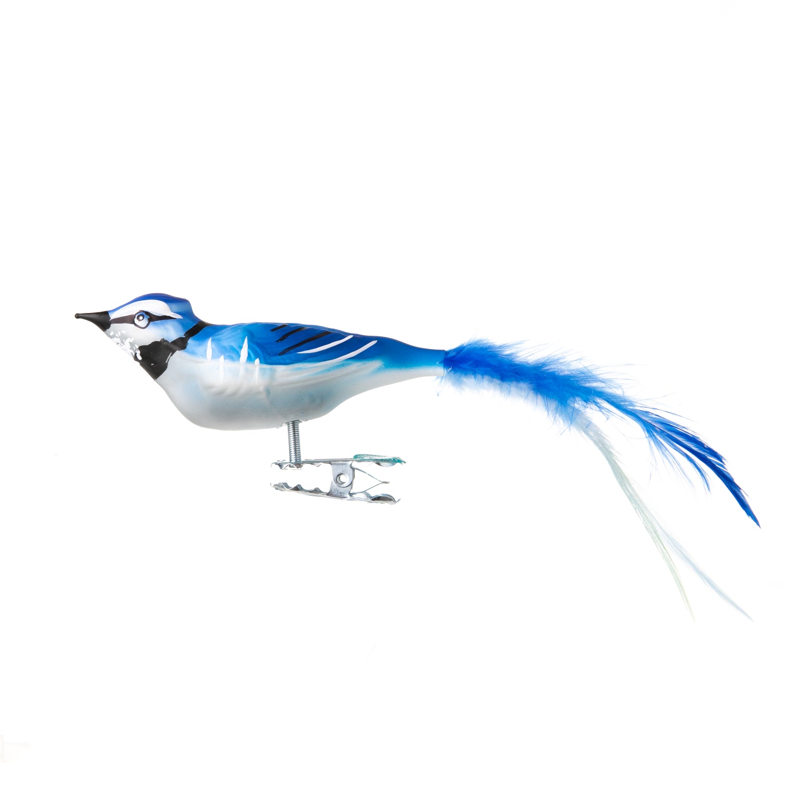 This beautiful blue tit bird is made from hand-blown glass in a family-owned studio. Its tail is made with real feathers and has a hand-painted finish.