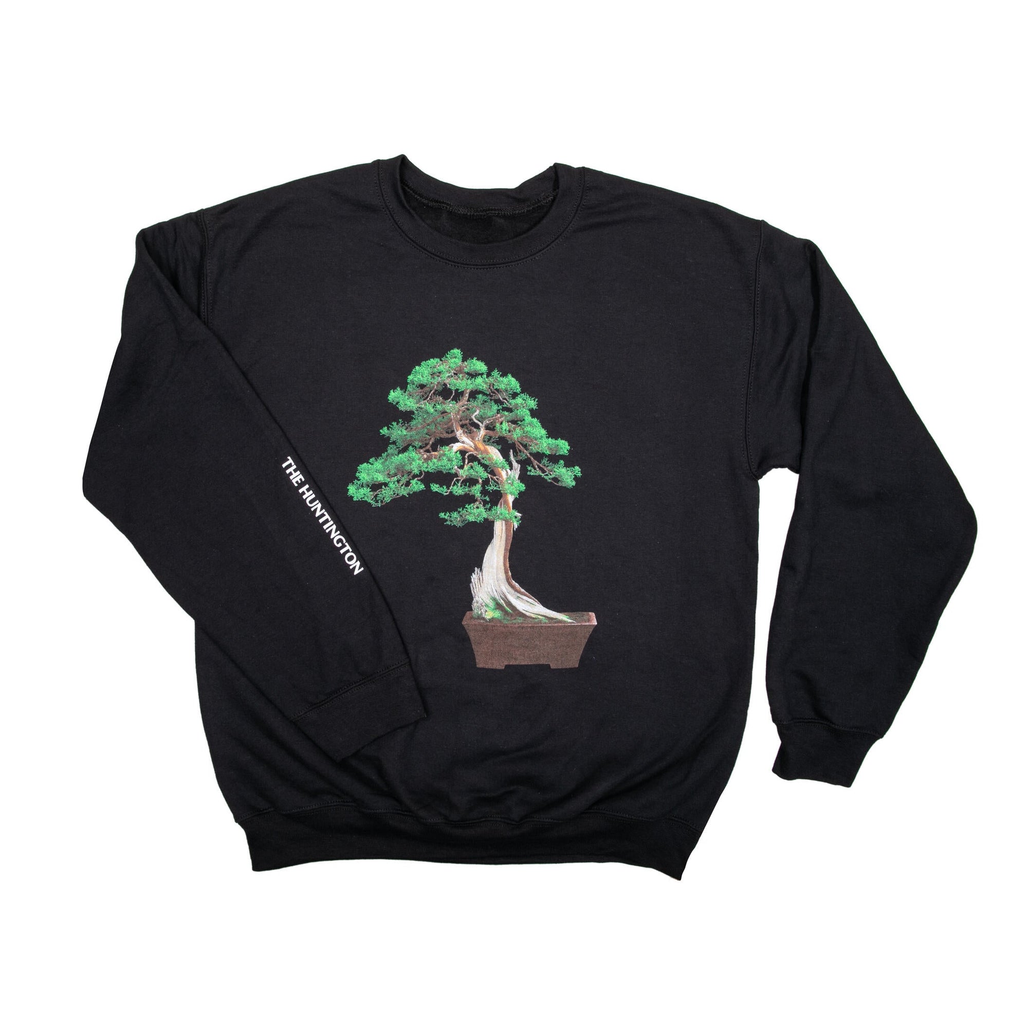 Black sweatshirt with a bonsai tree design on a white background