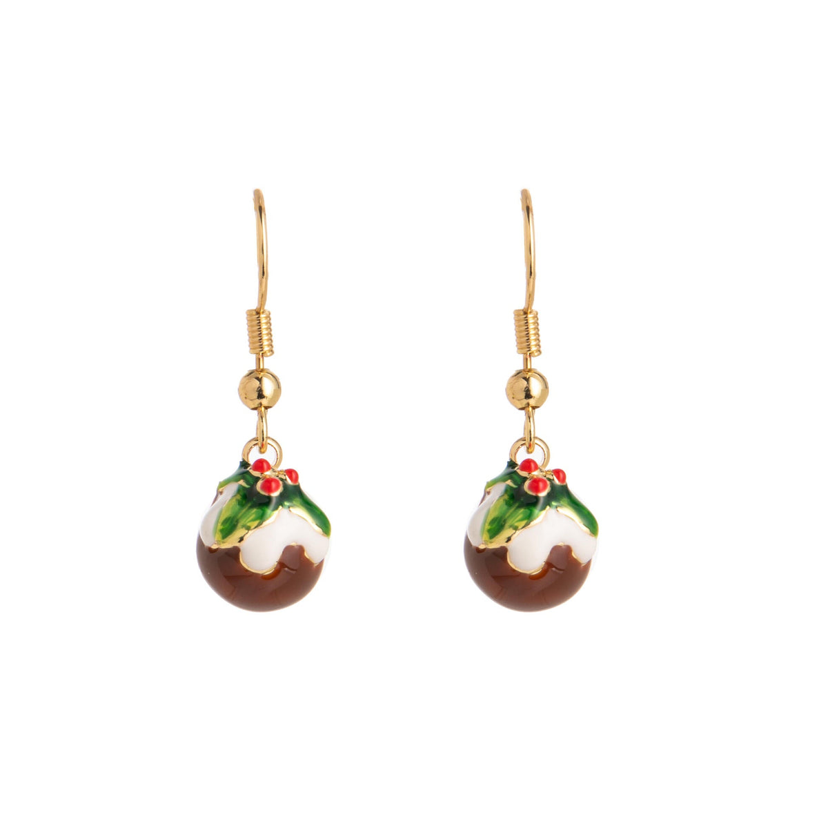 Dangle earrings shaped like Christmas puddings on a white background.