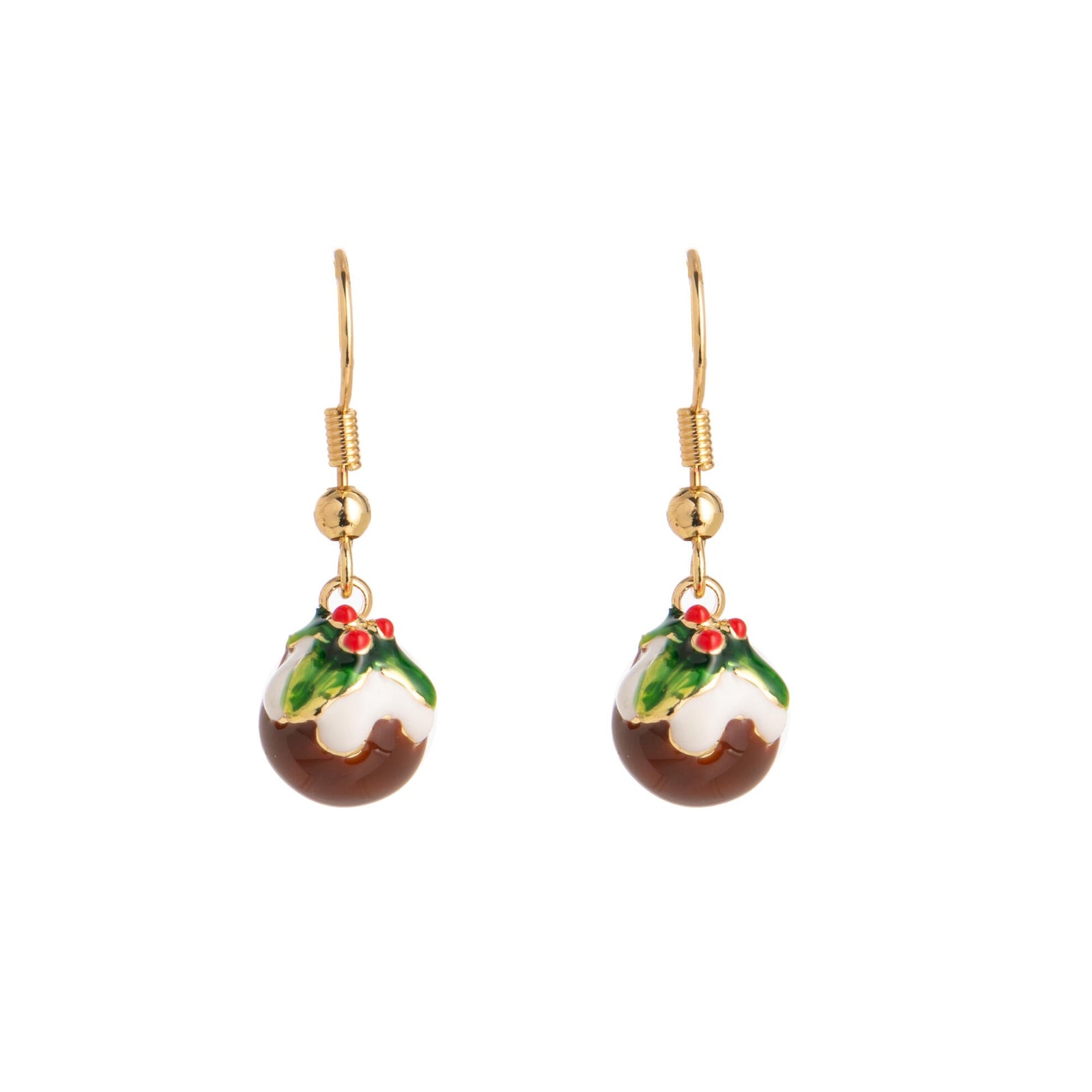 Dangle earrings shaped like Christmas puddings on a white background.