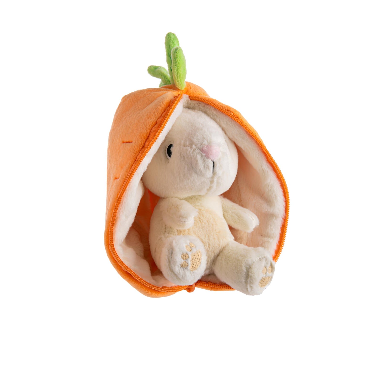 Plush toy rabbit with orange ears on a white background