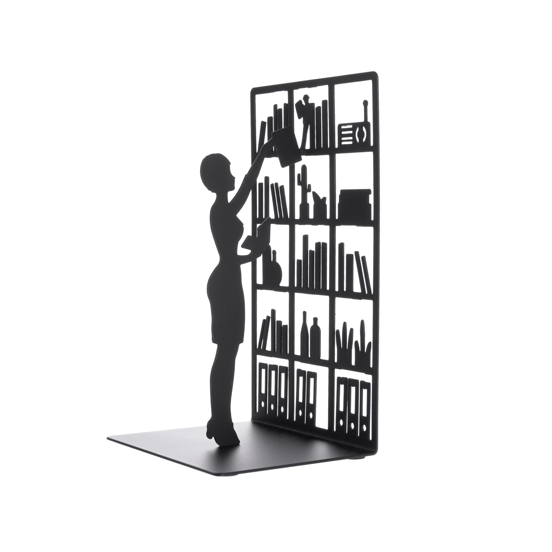 Librarians, teachers., students and book lovers will love this wonderfully nostalgic silhouette of a lady reaching for a book on a shelf. This eye-catching die-cut bookend is made from sturdy coated metal and has non-slip pads on the base to help keep your books in place. Single bookend