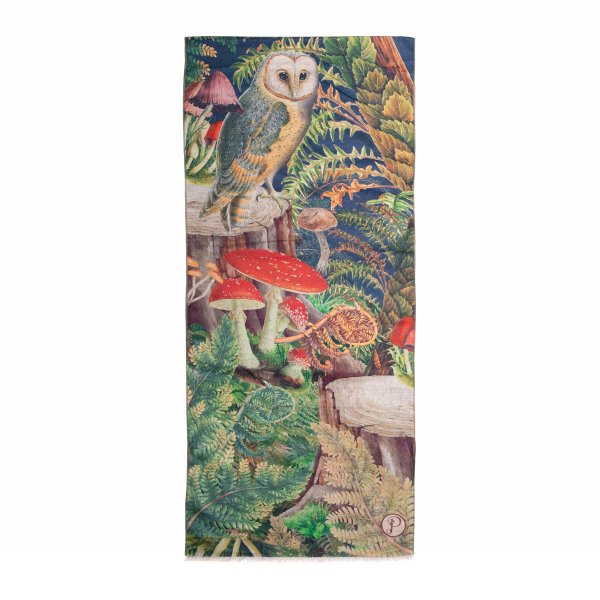 Fascinating forest-themed product with an owl and mushrooms on a white background