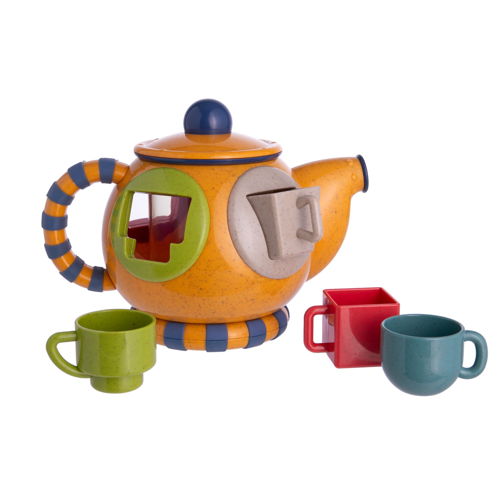 Colorful teapot set with cups on a white background