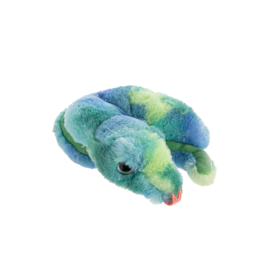 With a stuck-out forked tongue, turquoise eyes, and blue and green fur, this plush Pretzel Snake is ready to slither its way into your life. Weighted with beans, pretzel snake is the prettiest little curled-up reptile awaiting snuggles! Dimensions: 7" x 7" x 2" Material: Polyester, Plastic Pellets Recommended age: 2+