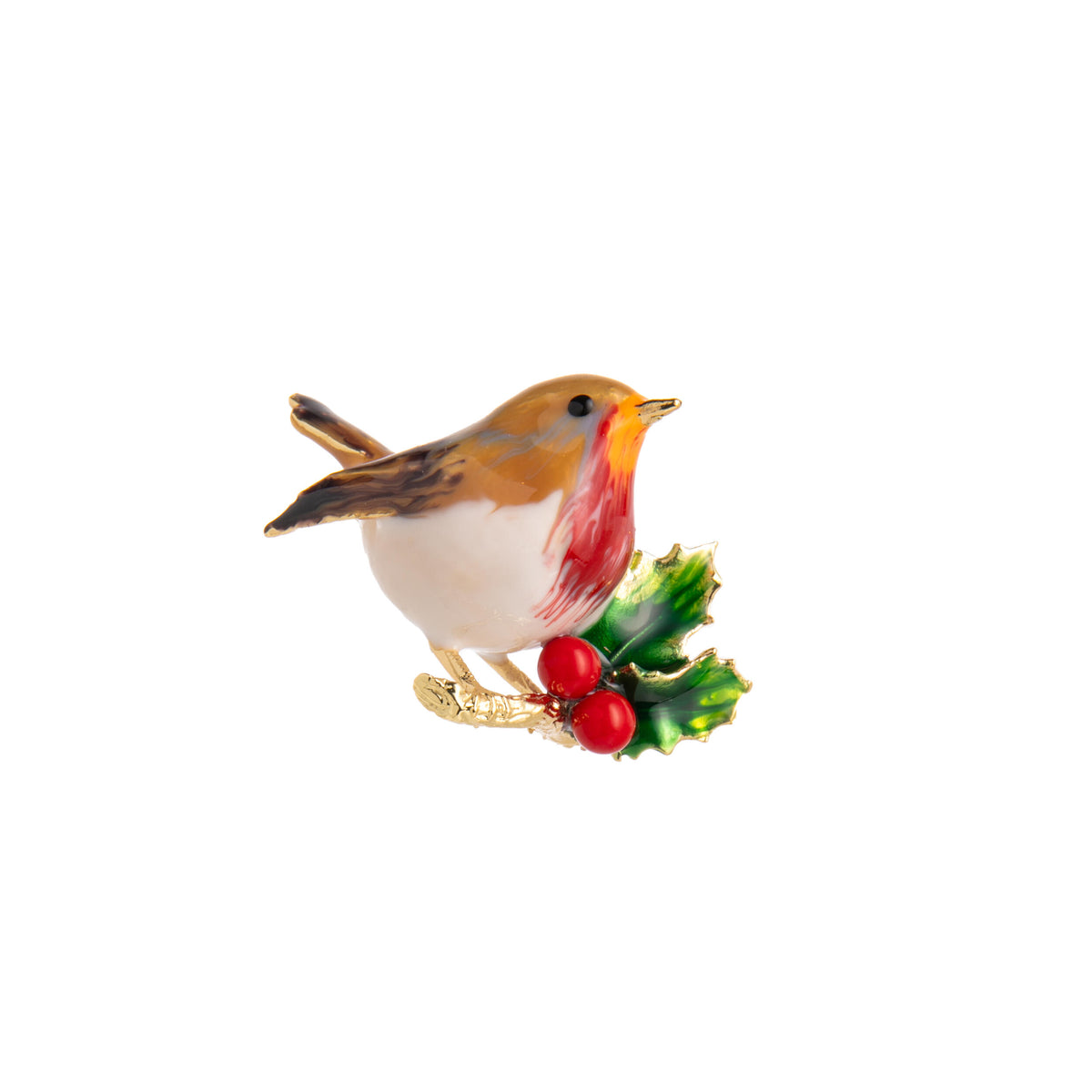 Brooch shaped like a robin perched on a holly leaf with red berries on a white background.