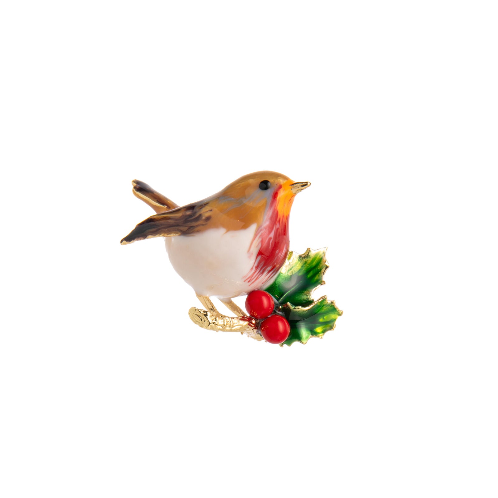 Brooch shaped like a robin perched on a holly leaf with red berries on a white background.