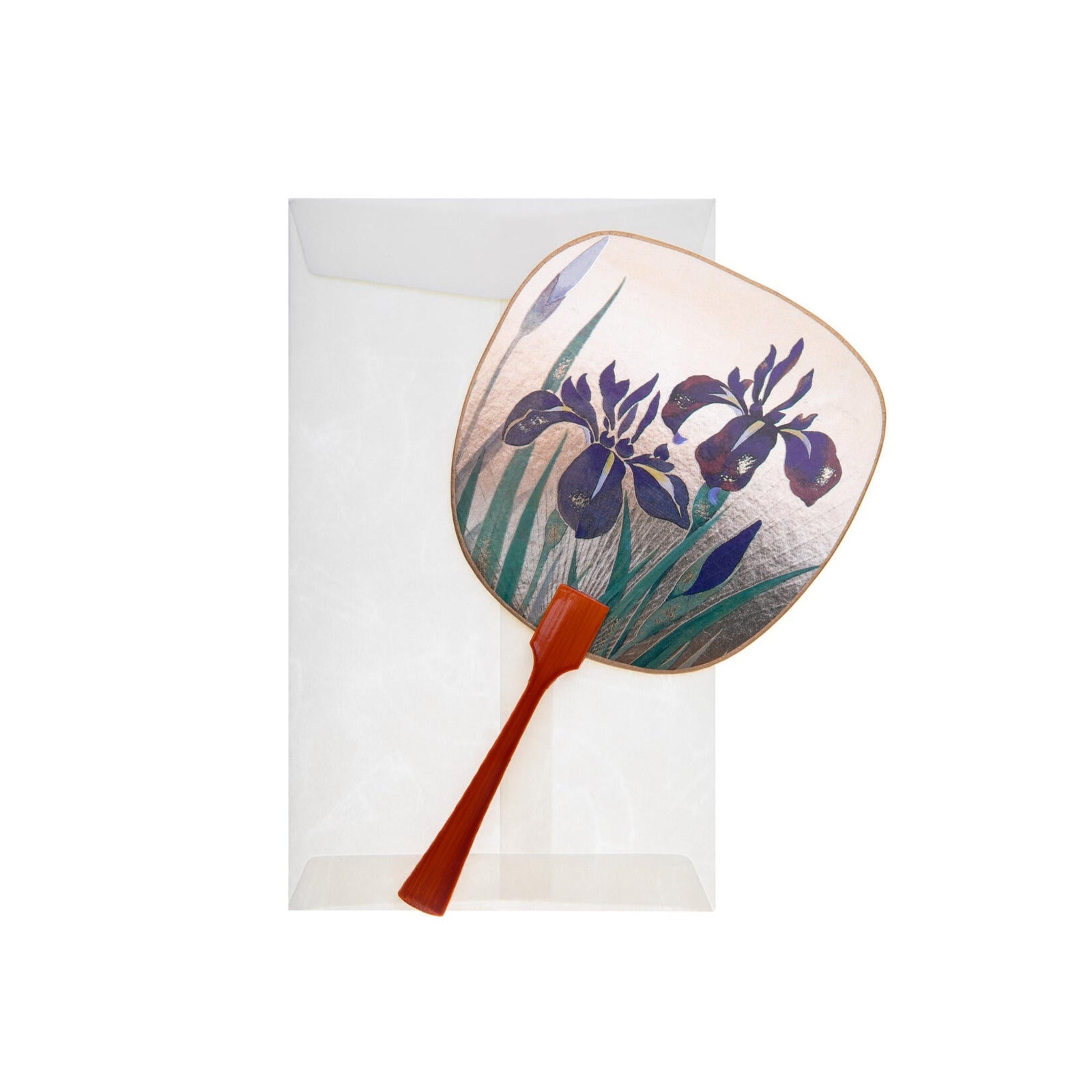 This charming greeting card is both pretty and practical. This authentic miniature Uchiwa Japanese fan is beautifully decorated with two vibrant purple Irises in full bloom, on a gleaming gold base. The reverse is blank for you to write your own message. The glossy, real wooden handle adds a lovely and luxe finishing touch.