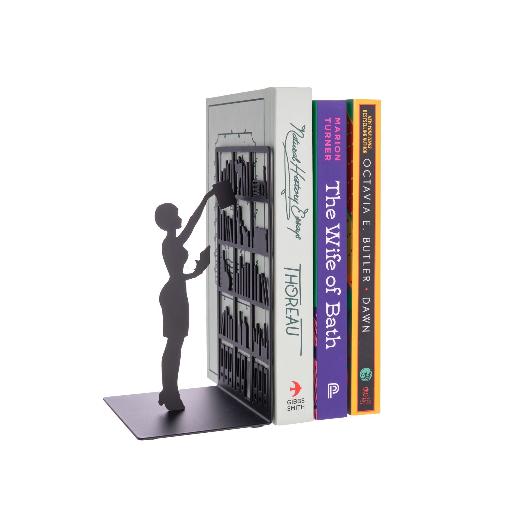 Librarians, teachers., students and book lovers will love this wonderfully nostalgic silhouette of a lady reaching for a book on a shelf. This eye-catching die-cut bookend is made from sturdy coated metal and has non-slip pads on the base to help keep your books in place. Single bookend