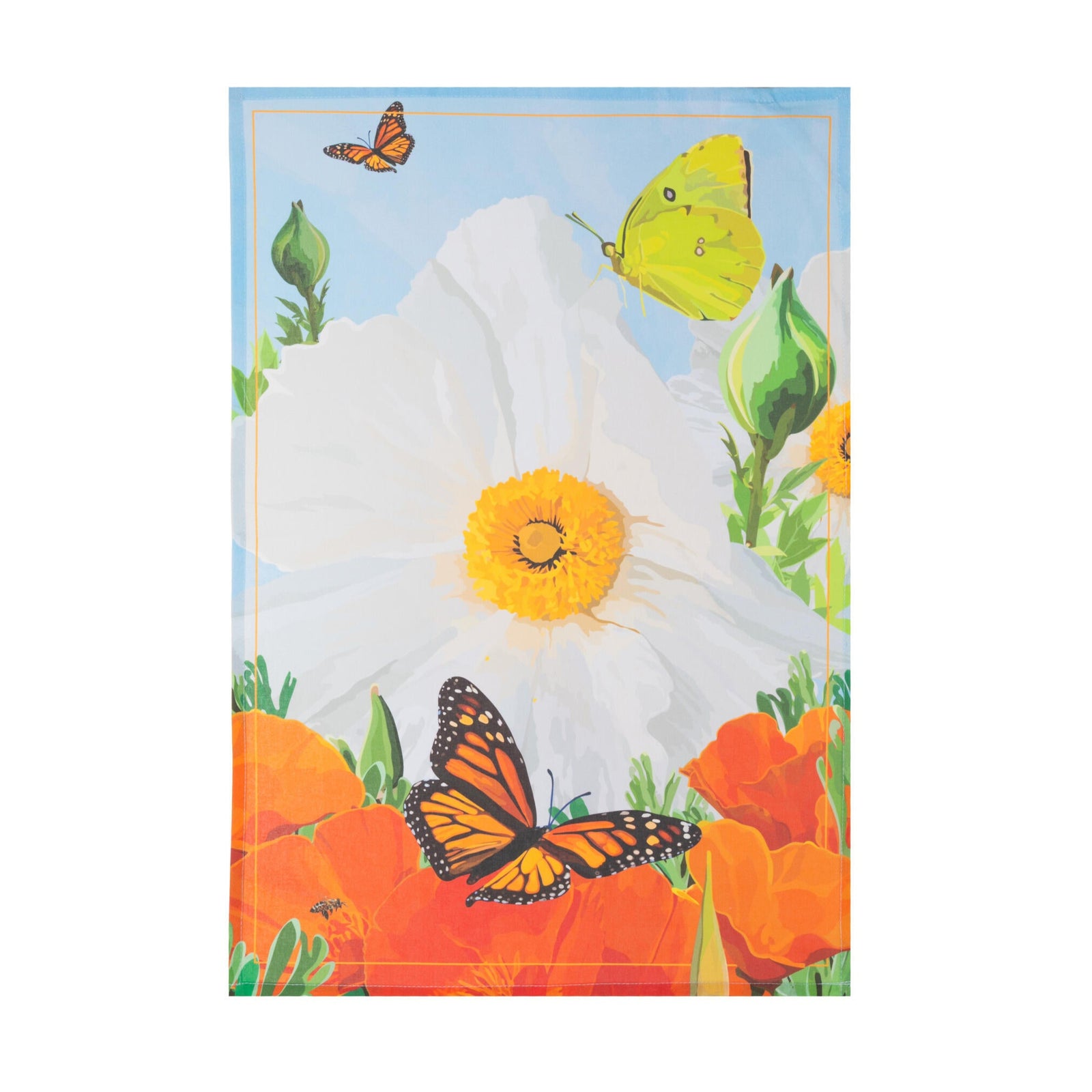Teatowel with butterfly and flower design on a white background