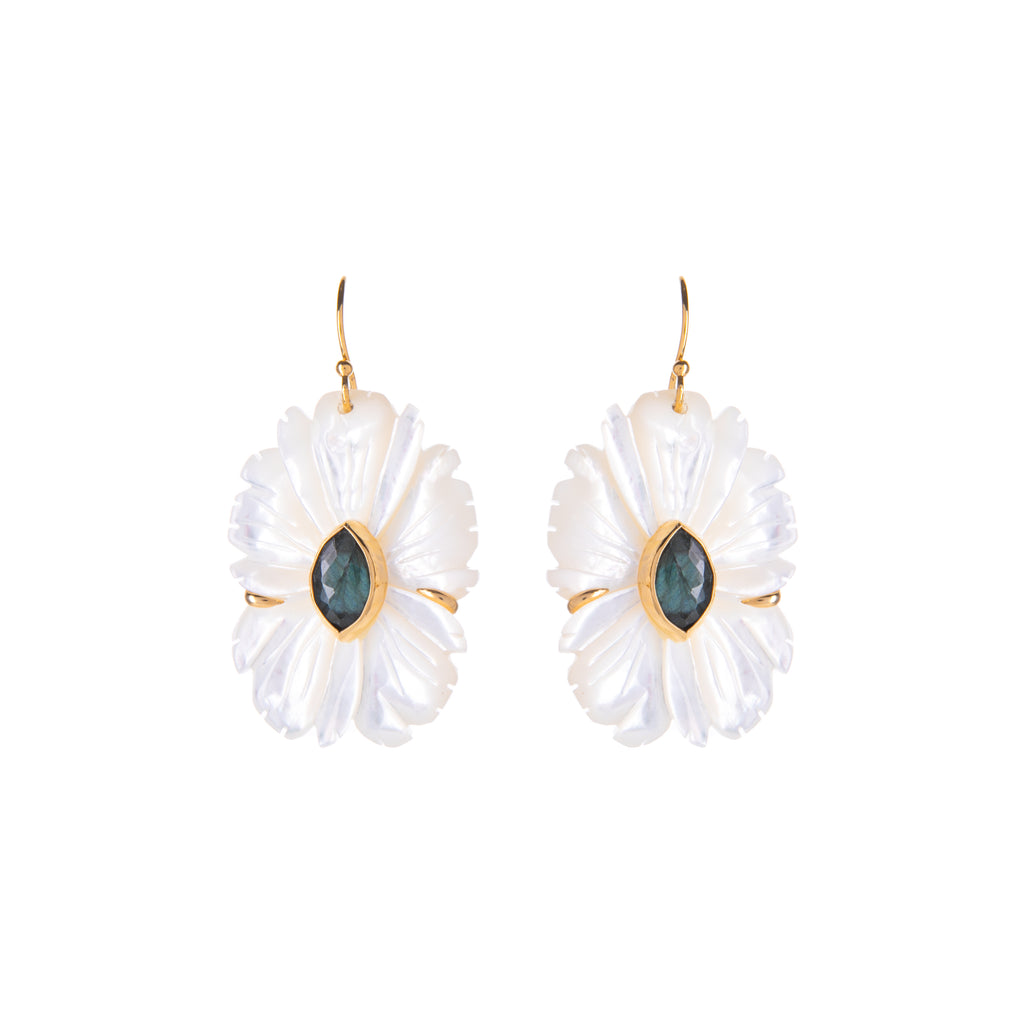 Harness the essence of a magnolia with these mother of pearl drop earrings. Featuring a hand-cut mother of pearl flower with a labradorite in the center.