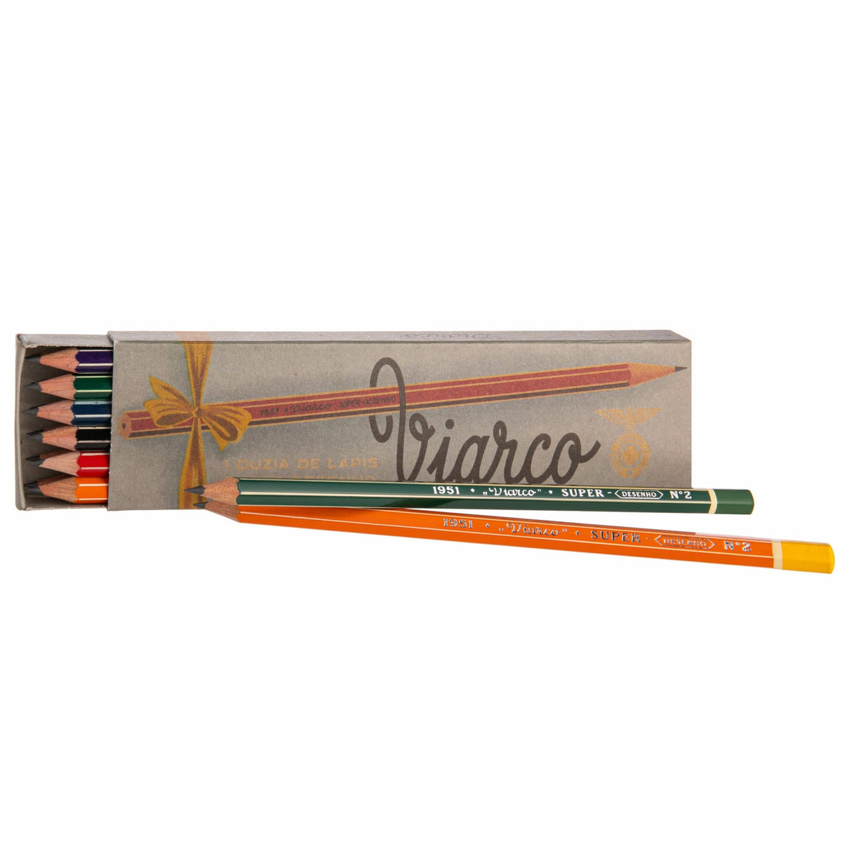 Set of graphite pencils with a Viarco box on a white background