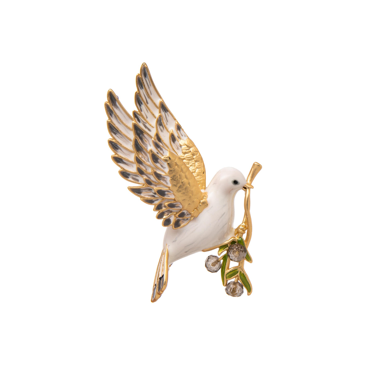 Gold and white dove brooch with olive branch on a white background