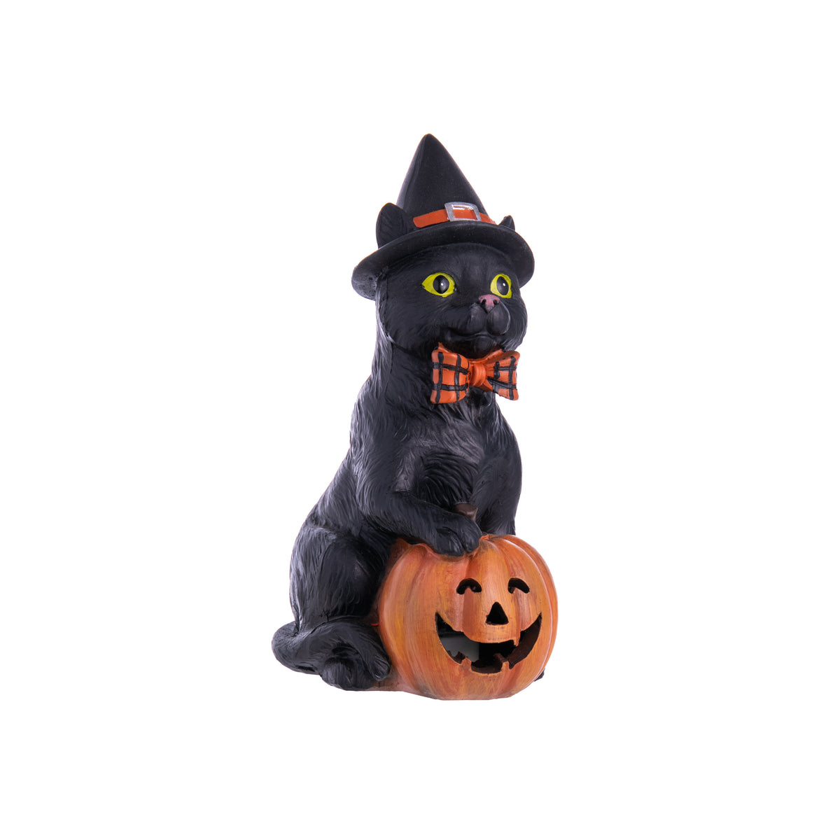 With a witch hat, orange bowtie, and green eyes, this feline will add Halloween whimsy to your home decor. Featuring an LED light-up jack-o-lantern for spooky season vibes, this witchy cat might be the cutest black cat we have seen! Dimensions: Approx. 7.5&quot; Height x 3.5&quot; Width On/Off Switch Comes with Batteries Inside