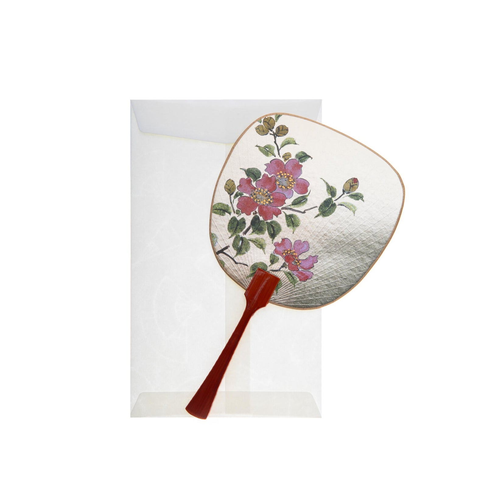 This charming greeting card is both pretty and practical. This authentic miniature Uchiwa Japanese fan is beautifully decorated with a burst of pretty pink blossoms, on a gleaming gold base. The reverse is blank for you to write your own message. The glossy, real wooden handle adds a lovely and luxe finishing touch. 