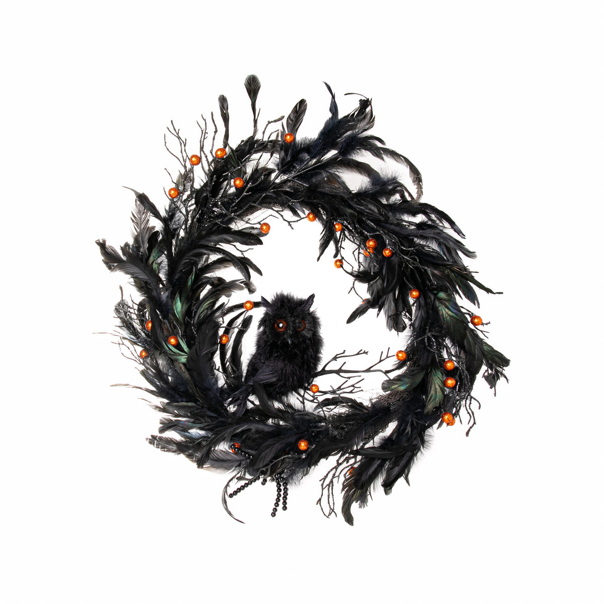 Halloween wreath with black feathers, orange berries, and a small black owl on a white background