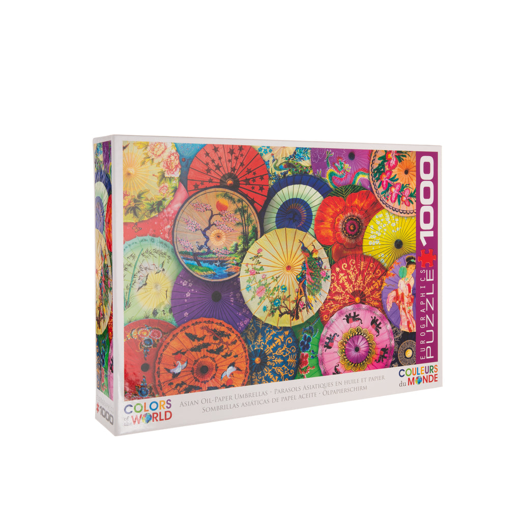 This high-quality 1000-piecw puzzle features colorful Asian parasols with various designs. For a fun game night or a rainy day in, this puzzle is a great mindful activity to do. Box dimensions: 14" x 10" x 2" Puzzle dimensions: 27" x 19.25" Made from recycled board and printed with vegetable based ink