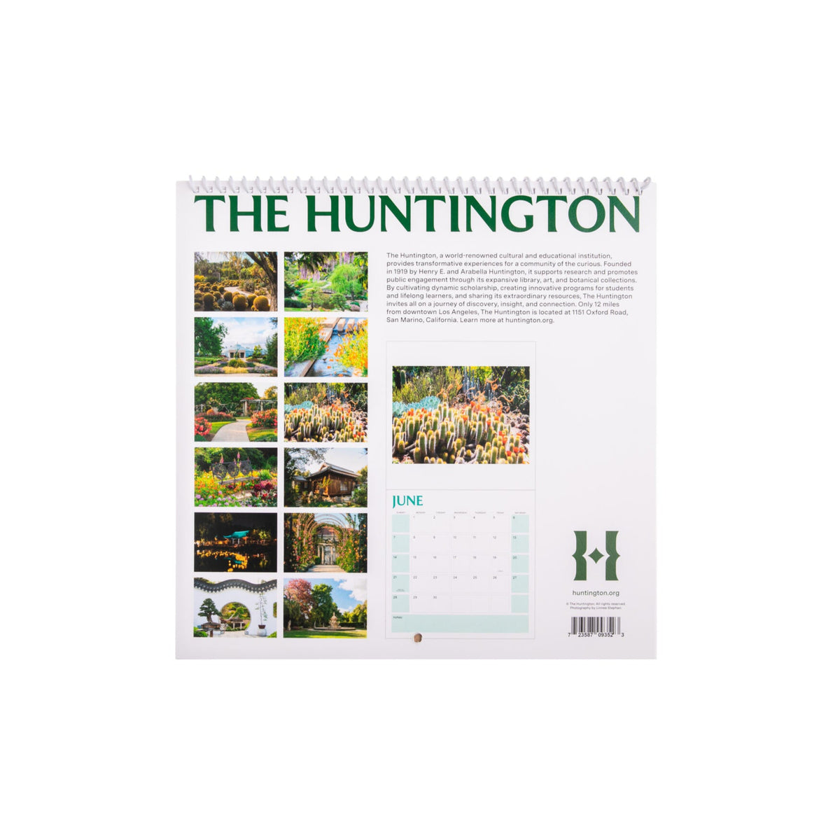 Calendar with &#39;The Huntington&#39; branding and images of gardens on a white background
