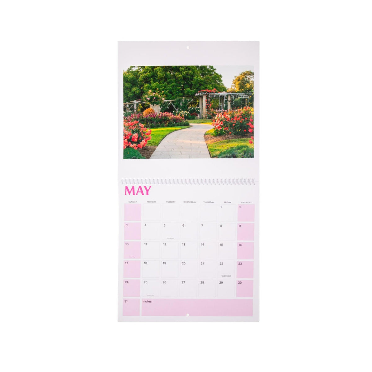 Calendar with a garden scene on a white background