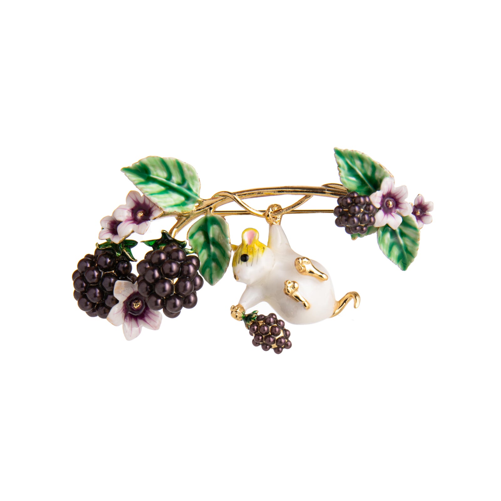 Brooch with a mouse, berries, and leaves on a white background
