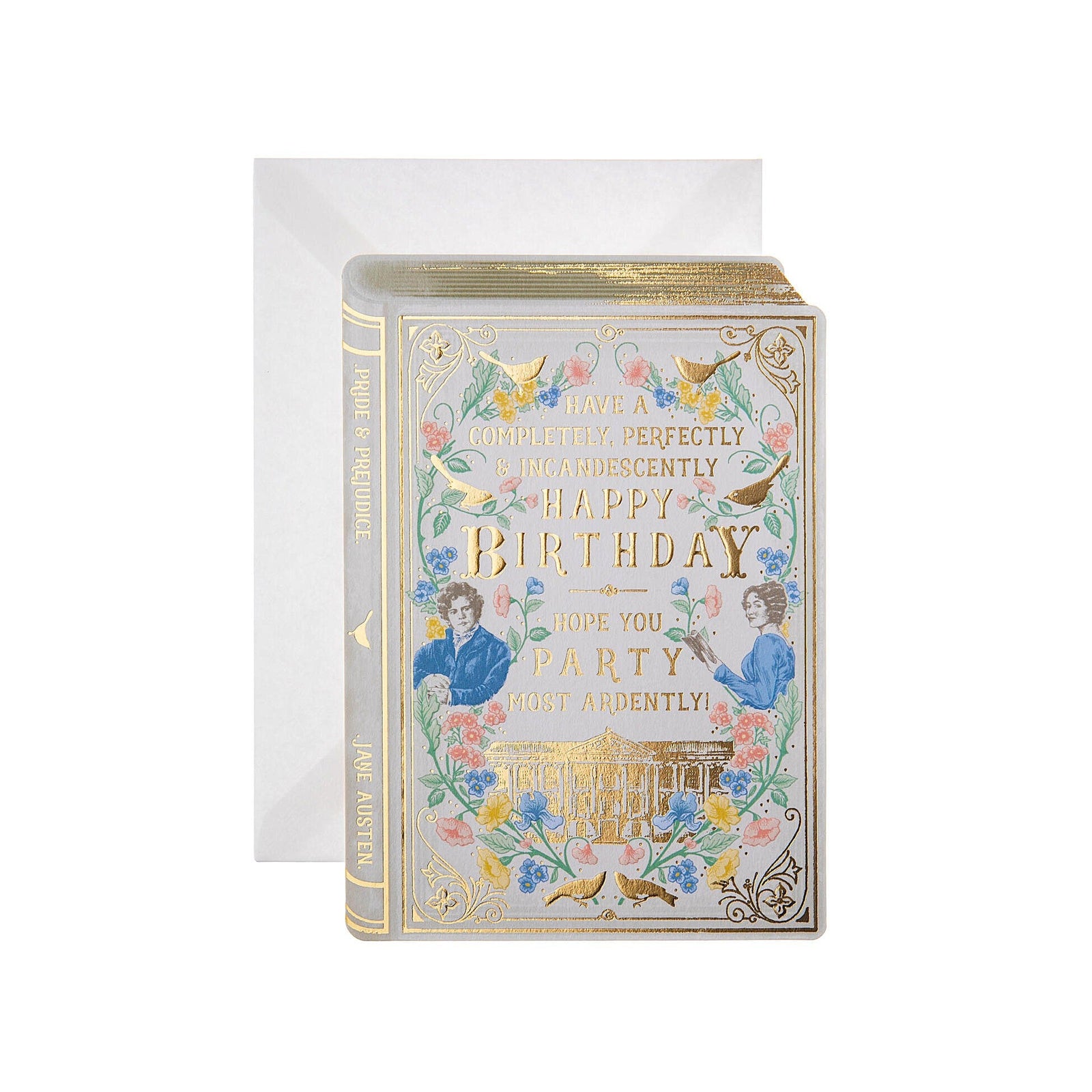 Pride and Prejudice by Jane Austen themed birthday card with floral design and text on a white background