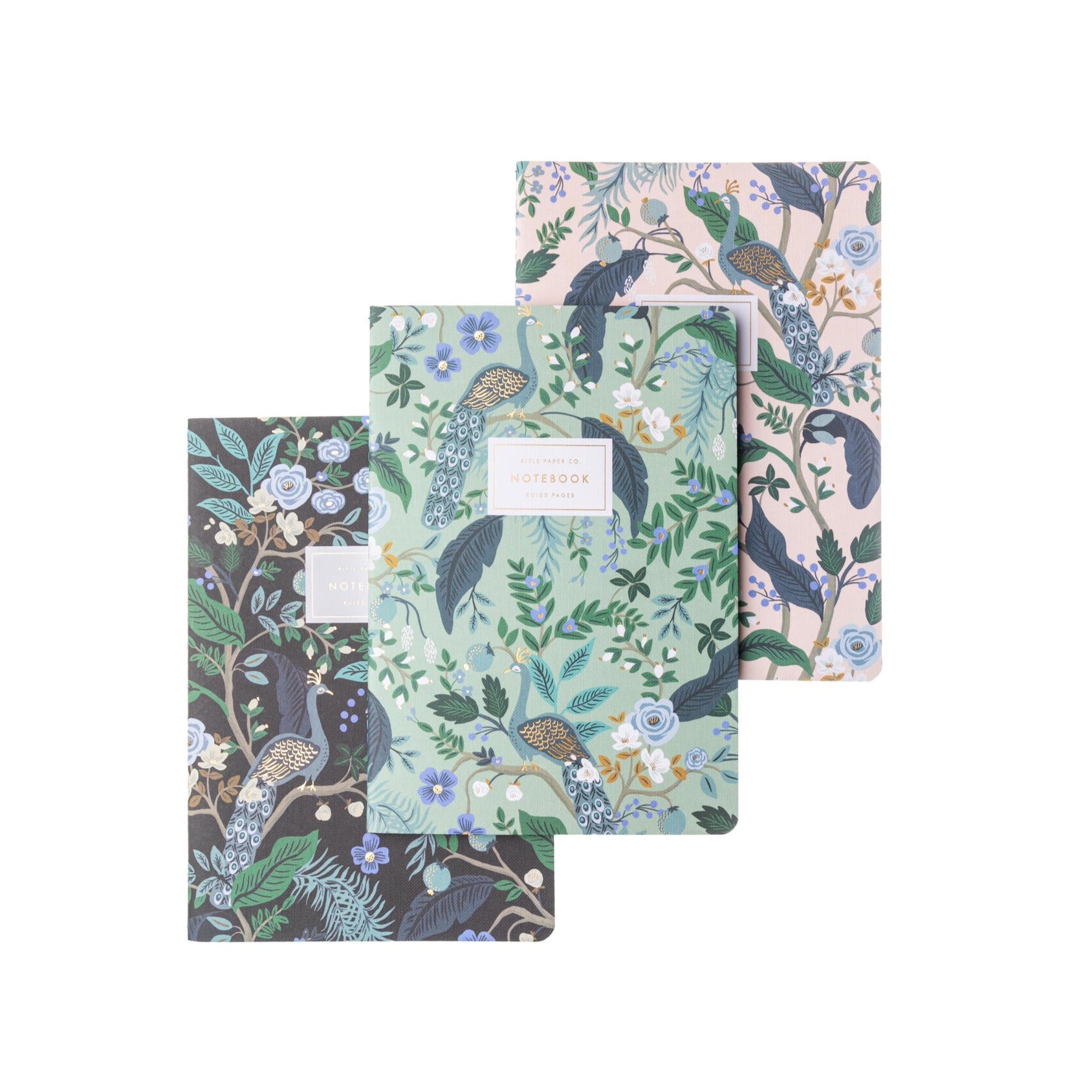 Good things come in threes, and this stitched notebook set, with an opulent peacock design is no exception. Each bundle features three notebooks with full-color covers, stitched binding, gold foil accents, and 64 ruled pages. 