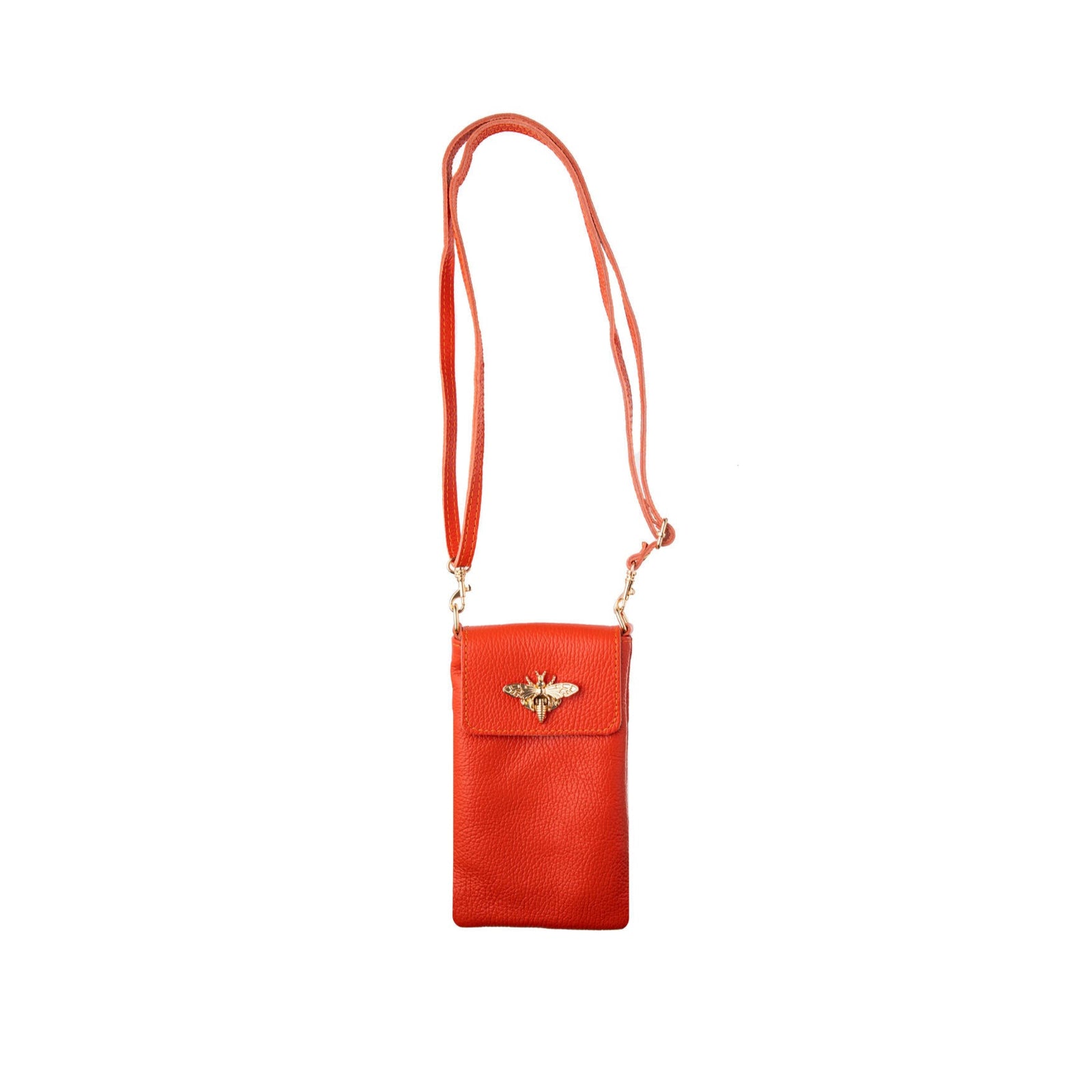 Carry your cellphone and other essential items stylishly in this golden bee clasp crossbody purse. The purse includes a detachable strap and can be worn as a crossbody, or simply as a handy pouch to keep your phone and cards organized inside a larger purse. Made in Italy from soft, durable, pebble-grain leather. 