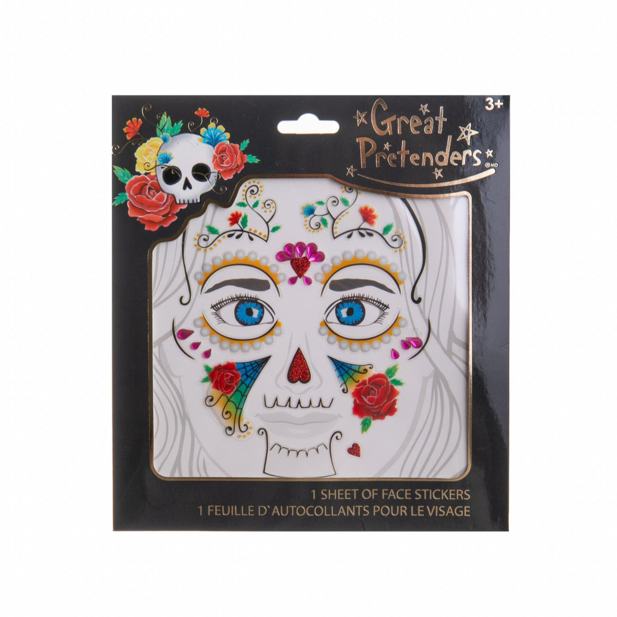 Packaged face stickers with a colorful skull design on a white background