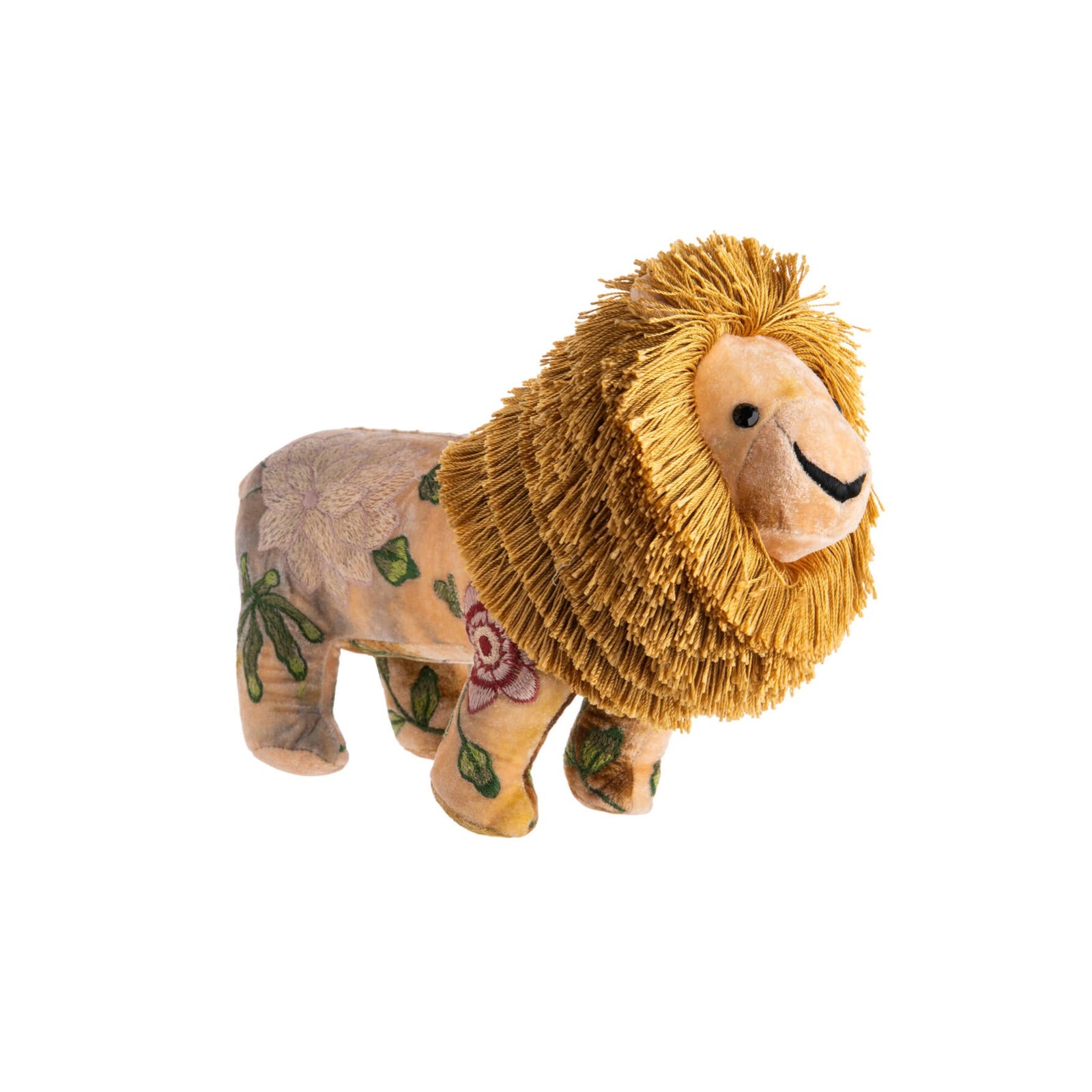 Plush lion toy with floral patterns on a white background