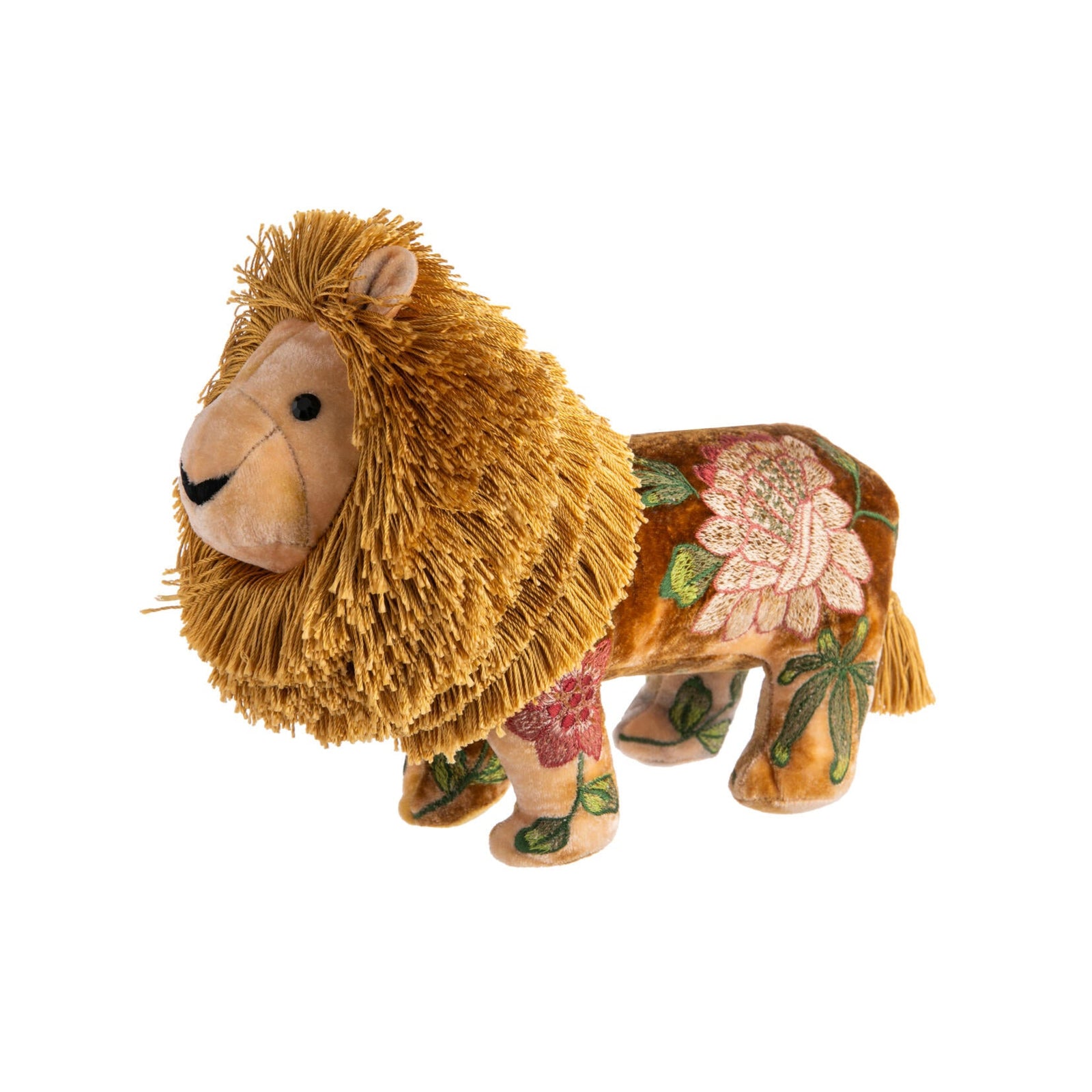 Plush lion toy with floral patterns on a white background