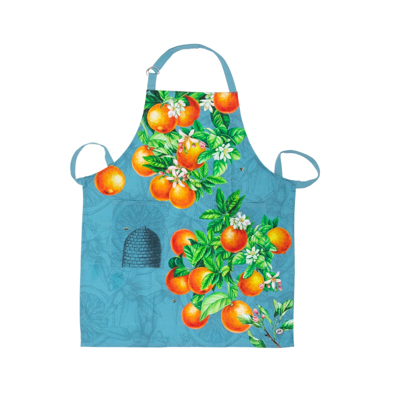 This zesty apron is as practical as it is beautiful. Made from durable, breathable cotton, with an adjustable neck strap and two roomy pockets for your baking and cooking essentials. It features a gorgeous, vintage-style botanical print of oranges and orange blossoms on a grey-blue background, with a busy bee making a guest appearance. Material: 100% cotton One size